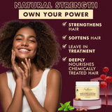 Woman with healthy hair and hair care products with text highlighting product benefits on a maroon background