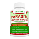 Supplement bottle labeled 'Parasite Cleanse & Detox' by Fearathe on a white background