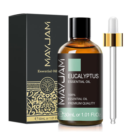 MayJam Eucalyptus essential oil bottle with dropper and packaging on a white background