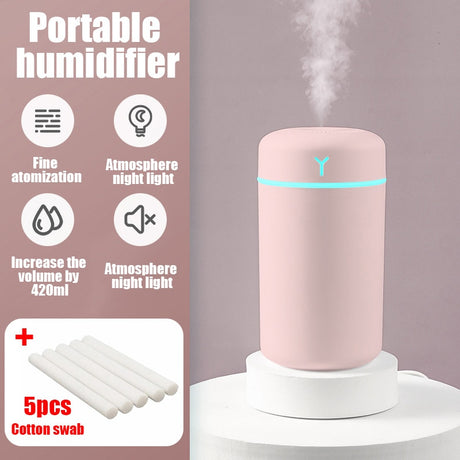 Portable humidifier with features listed on a pink background