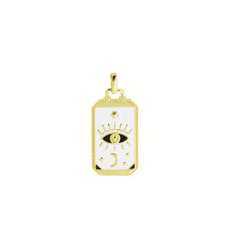 Gold pendant with an eye design on a white background