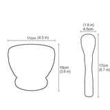 Measurement chart of a cup and spoon with dimensions labeled.