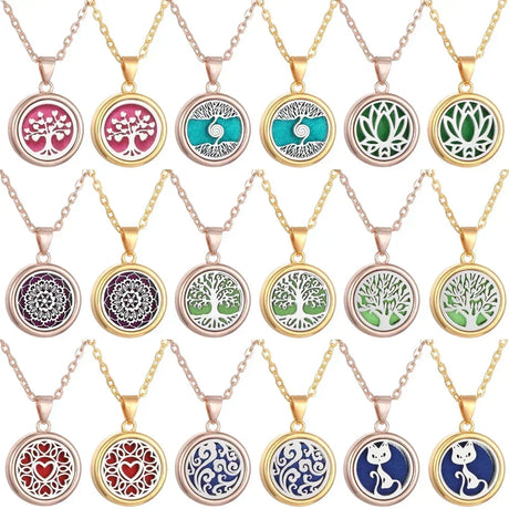 Collection of necklaces with various pendant designs on a white background