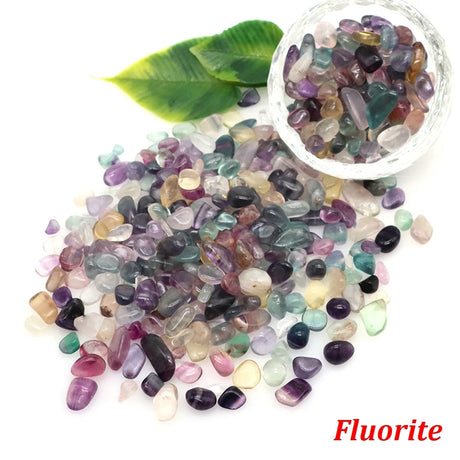 Multicolored fluorite crystals with a close-up inset and green leaves on a white background.