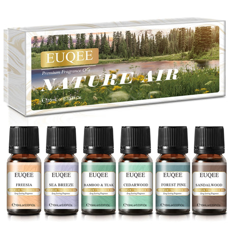 EUQEE fragrance oil set with packaging featuring a nature scene.