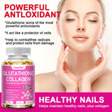 Glutathione collagen supplement with a woman touching her face, highlighting its benefits.