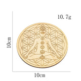 Gold circular coin with symbolic design and measurements on a white background