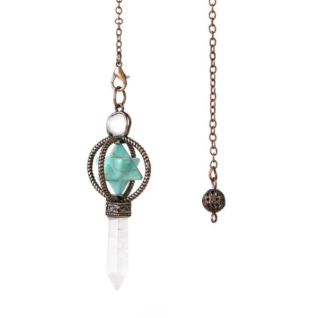 Necklace with turquoise stone, white crystal, and bronze elements on a white background