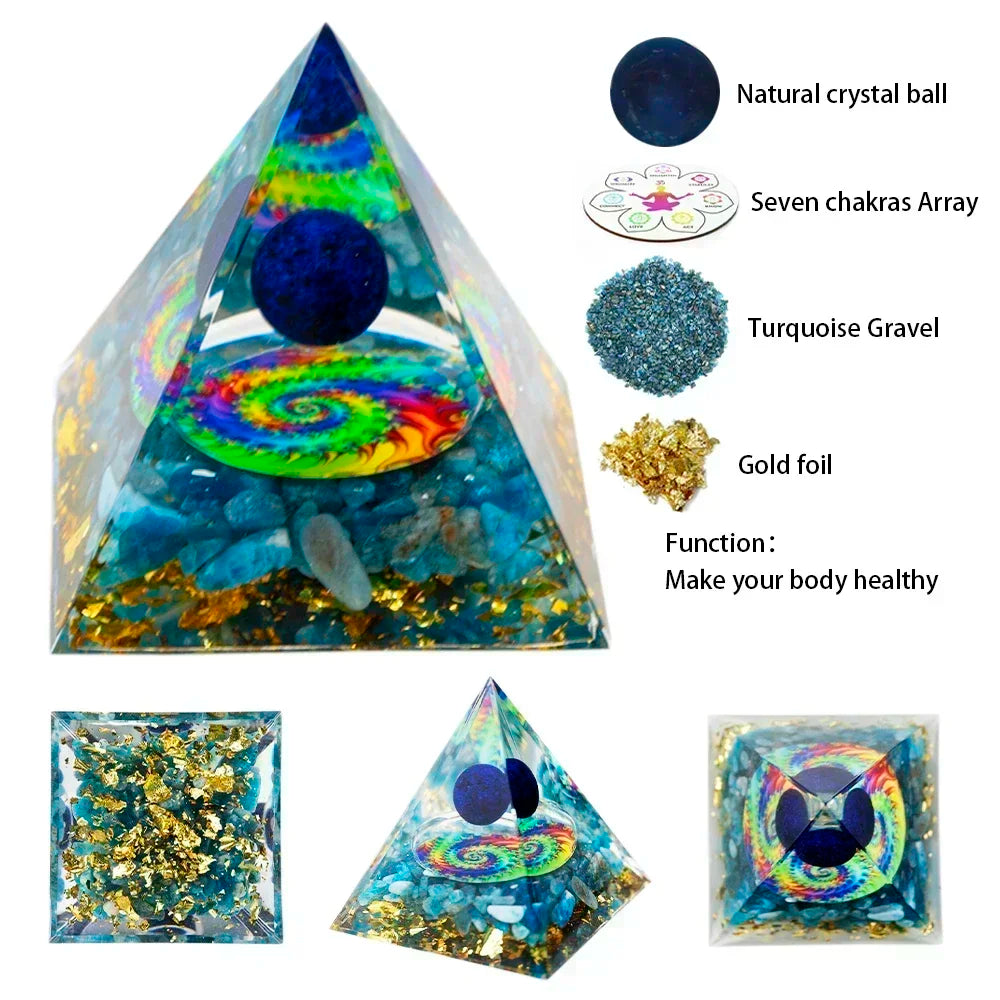 Crystal pyramid with colorful design, surrounded by labeled components and text on a white background.