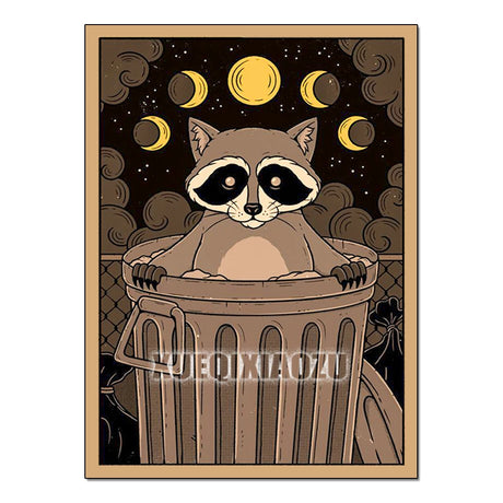Illustration of a raccoon in a trash can with celestial bodies in the background, featuring the brand 'XIAOZI'.