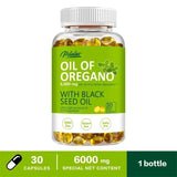 Bottle of Oil of Oregano with Black Seed Oil capsules on a white background