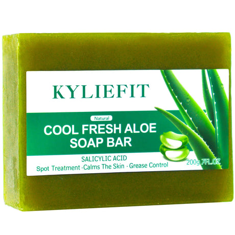 Kyliefit Cool Fresh Aloe Soap Bar with aloe vera illustration on a white background