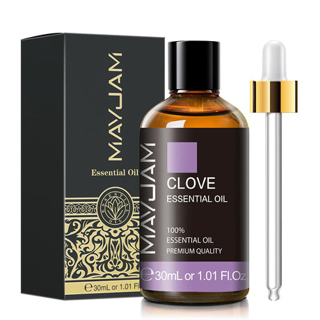 MayJam Clove Essential Oil bottle with dropper and packaging on a white background