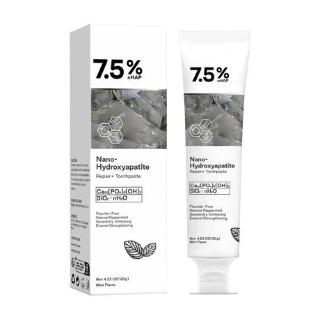 Nano-Hydroxyapatite toothpaste packaging with tube and box on a white background