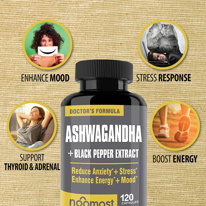 Bottle of Ashwagandha supplement with benefits on a textured beige background