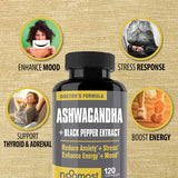 Bottle of Ashwagandha supplement with benefits on a textured beige background