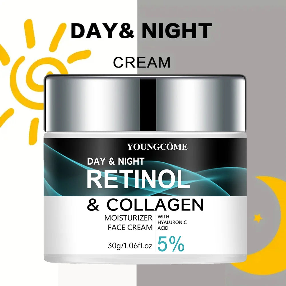 Youngcome Day & Night Retinol & Collagen cream jar with sun and moon graphics on a white background