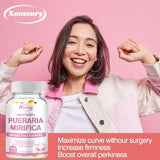 Woman with raised arms next to a bottle of Xemenry Pueraria Mirifica on a pink background