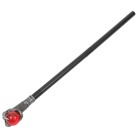 Black staff with red ball and silver accents on a white background