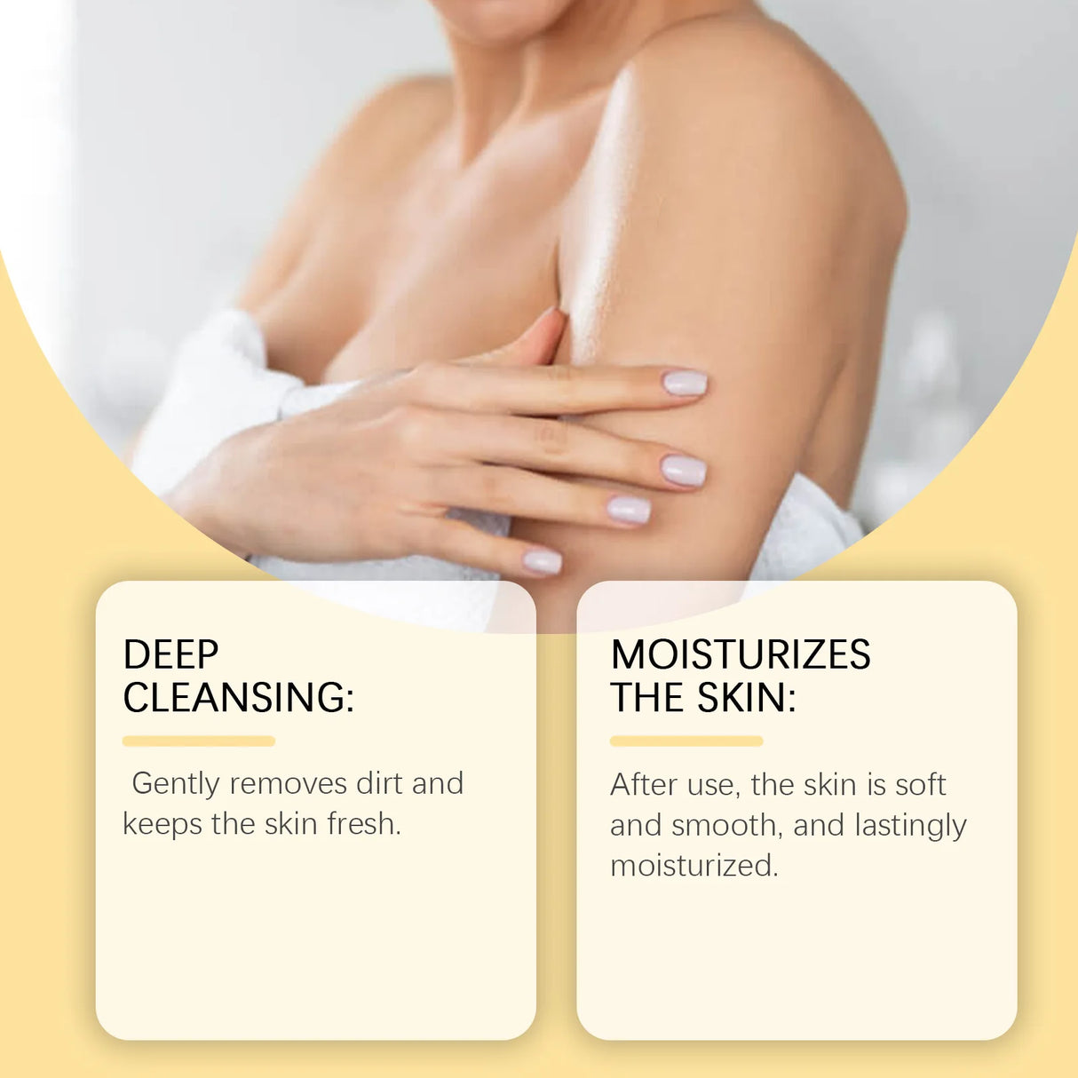 Person with clean skin on arm and chest, with text about deep cleansing and moisturizing.