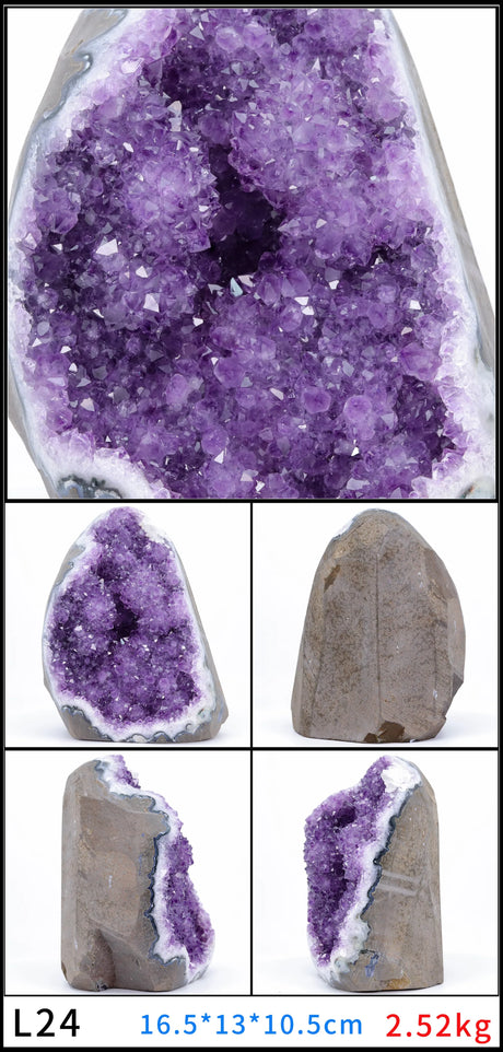 Collage of purple crystal geodes with size and weight information.