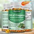 Buporai Oil of Oregano supplement bottle with green label on a wooden surface