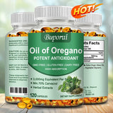 Buporai Oil of Oregano supplement bottle with green label on a wooden surface