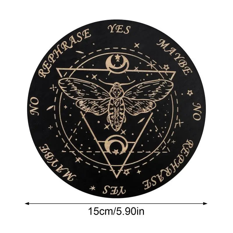 Black circular coaster with moth design and decision-making text on a white background