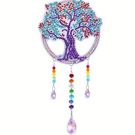 Decorative wall art with a colorful tree design and rainbow beads on a white background