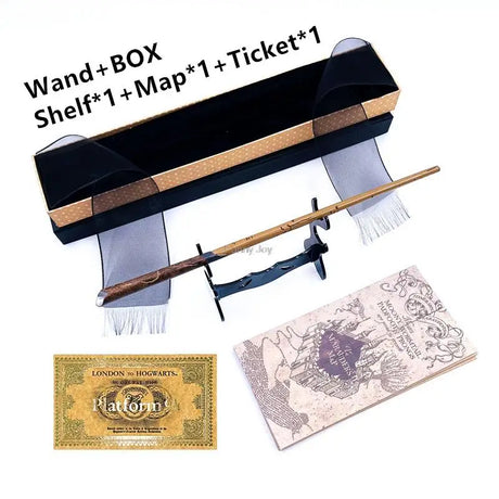 Harry Potter-themed wand set with box, shelf, map, and ticket on a white background