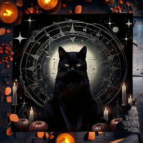 Black cat in front of a mystical symbol with candles and pumpkins on a dark background