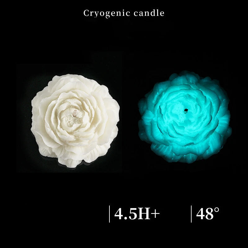 Two flower-shaped candles, one white and one glowing blue, on a black background with text indicating properties.