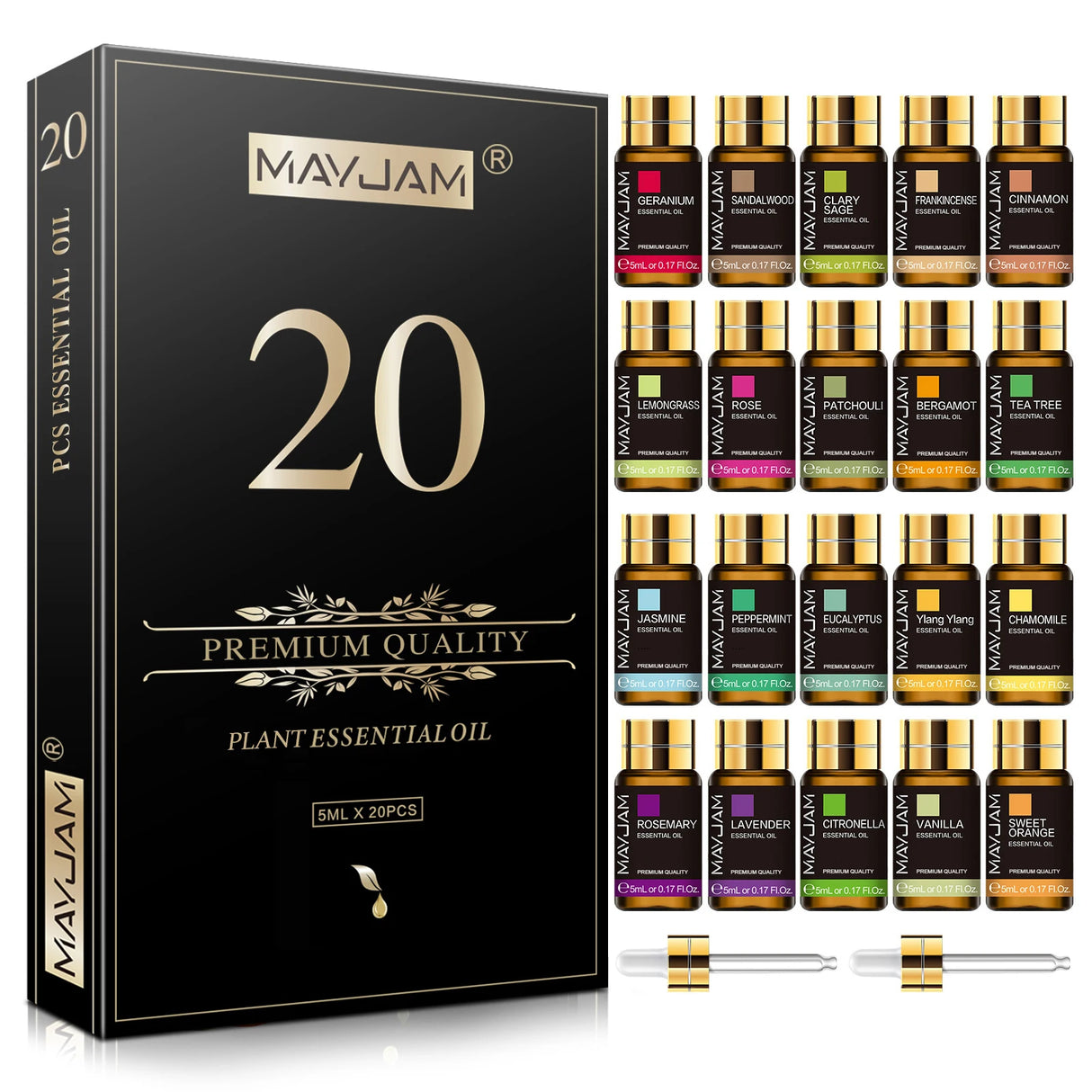 MayJam 20-piece premium quality plant essential oil set with black packaging and small bottles.