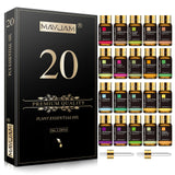 MayJam 20-piece premium quality plant essential oil set with black packaging and small bottles.