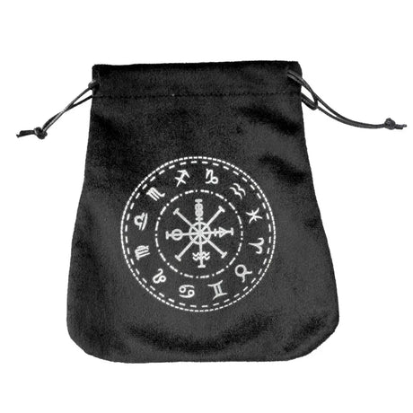 Black drawstring bag with white symbol design on a white background