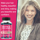 Biotin and collagen supplement bottle with a woman smiling on a pink background