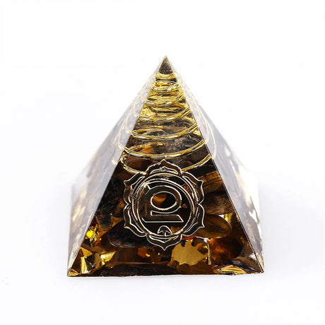 Pyramid-shaped crystal with a symbol on a white background
