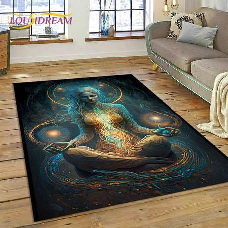 Decorative rug with artistic design of a woman on a wooden floor in a living room.