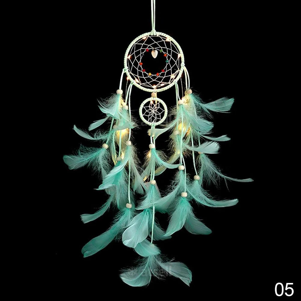 Turquoise feather dreamcatcher with lights on a black background