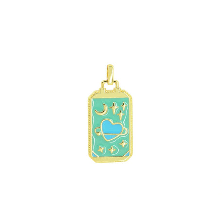 Gold pendant with turquoise heart design on a white background