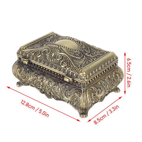 Decorative brass box with intricate patterns and dimensions indicated on a white background