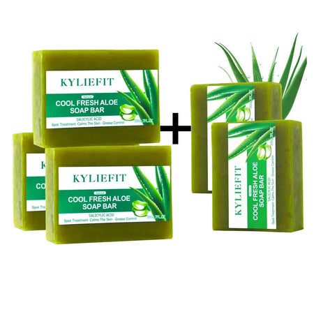 Kyliefit Cool Fresh Aloe Soap Bars with promotional text on a white background