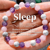 Colorful beaded bracelet on a hand with text about sleep and wellness.