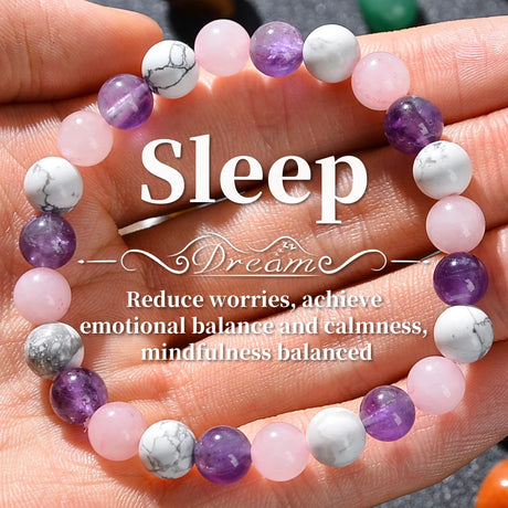Colorful beaded bracelet on a hand with text about sleep and wellness.
