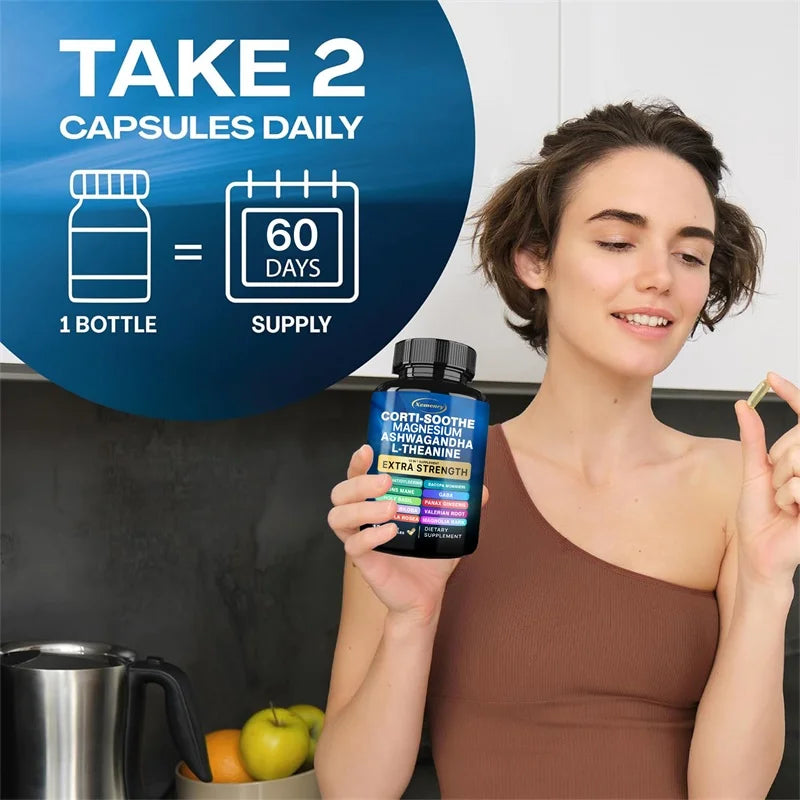 Woman holding a supplement bottle with text about daily capsules and supply duration.