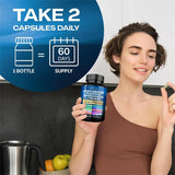 Woman holding a supplement bottle with text about daily capsules and supply duration.