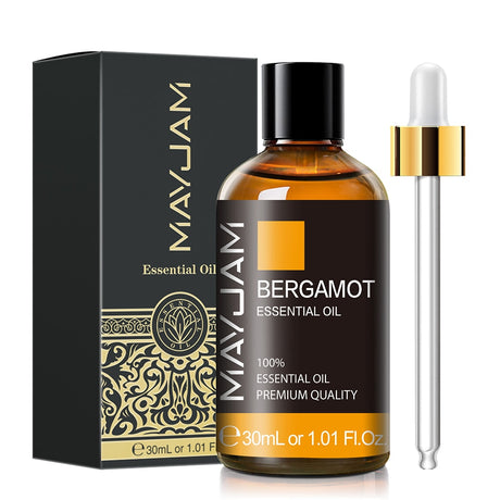MayJam Bergamot essential oil bottle with dropper and packaging on a white background