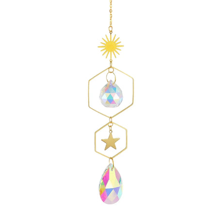 Decorative hanging ornament with geometric shapes and colorful crystals on a white background