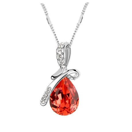Red teardrop pendant necklace with silver chain on a white background, branded 'Giemi'.