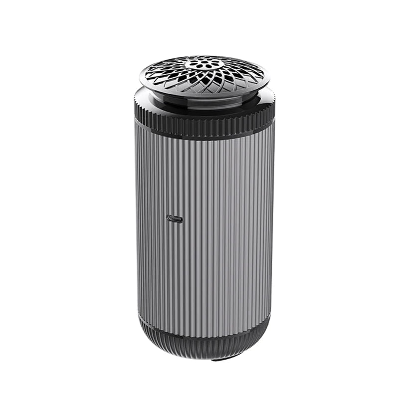 Cylindrical air purifier with a decorative top on a white background